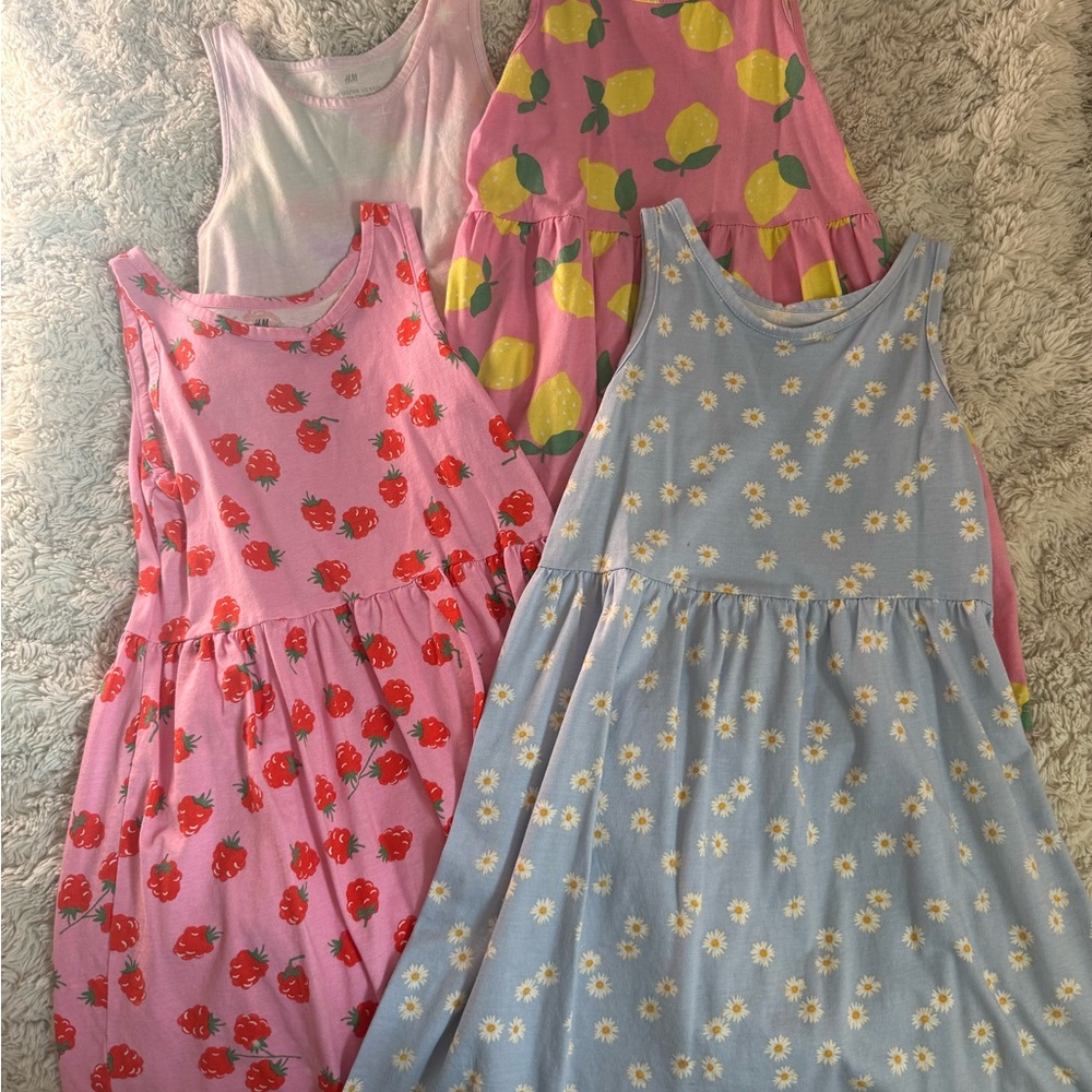 H&M Girls Set of Four Sleeveless Dresses with Fruit and Floral Prints 6X-8Y
